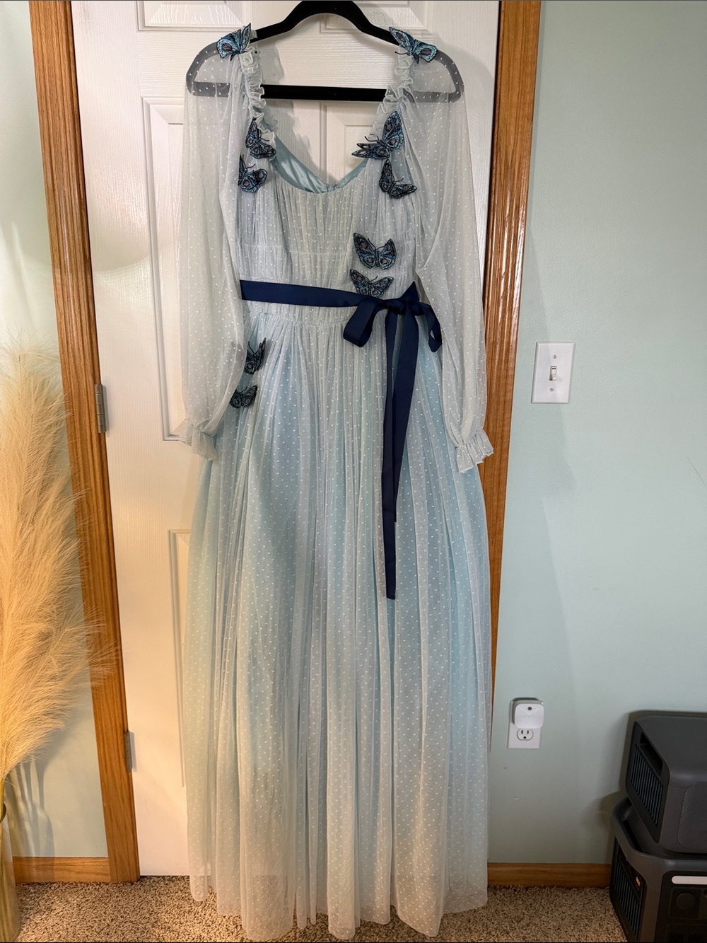 Light Blue Tulle Maxi Dress with Navy Sash and Butterfly Appliqués